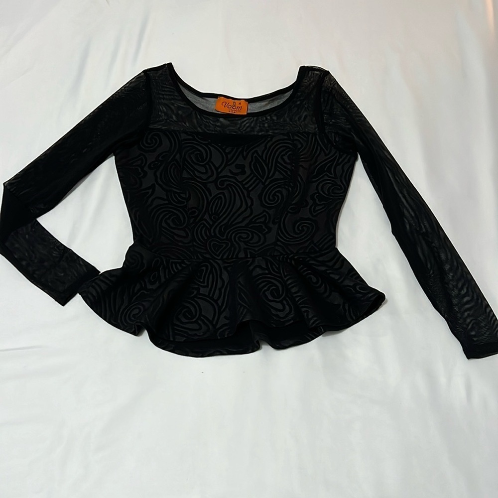 Voom by Joy Han Black Peplum Top with Sheer Neckline & Sleeves